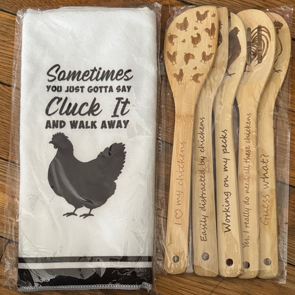 Chicken Themed Kitchen Towel and Wooden Spoon Set